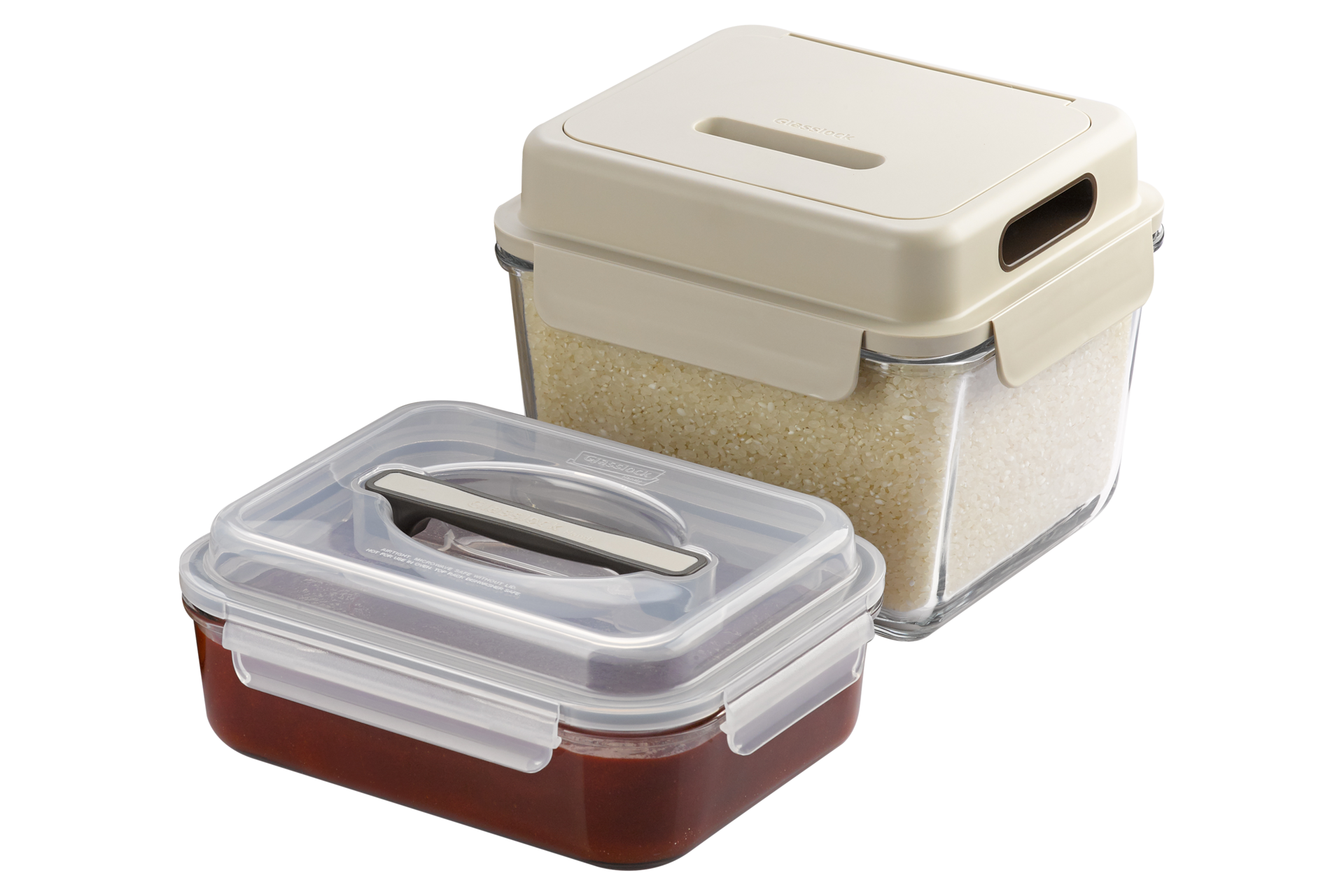 유리쌀통과 구성품 클래식 핸디형 제품이 나란히 놓임 오른쪽 15도