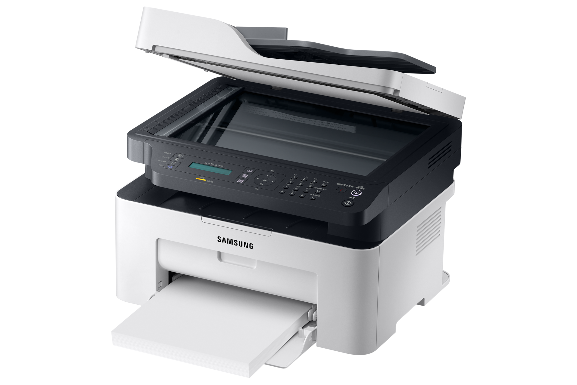 흑백 레이저 복합기 20 ppm 화이트 제품 우상단, 상단 오픈, a4 장착 이미지