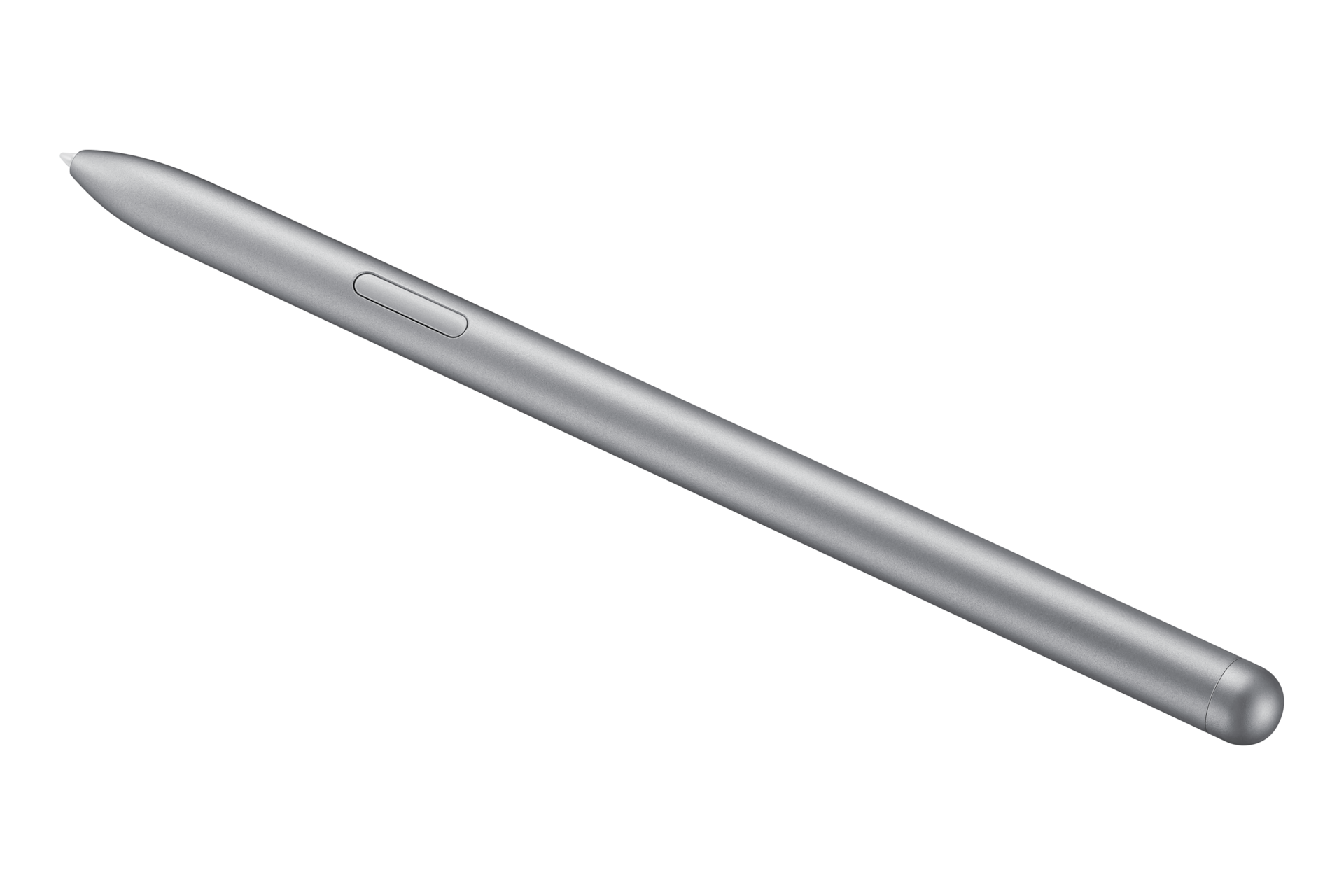 펜 촉 좌상단 방향으로 노출된 갤럭시 탭 S7 스타일러스 펜 실버 펜촉이 위를 향한채 좌측 45도로 놓인 이미지