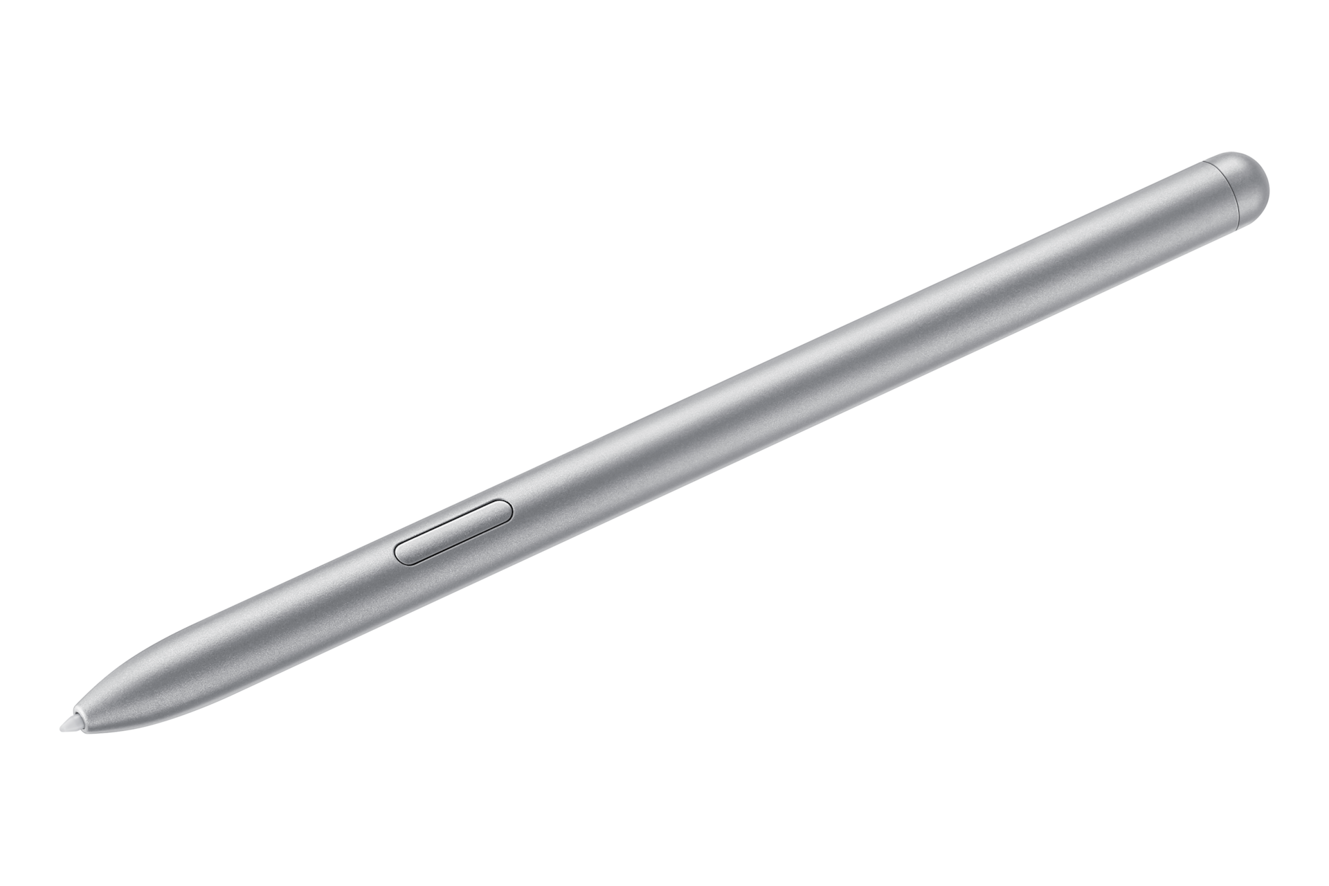 펜 촉 좌 하단 방향으로 노출된 갤럭시 탭 S7 스타일러스 펜 실버 좌측 45도 놓인 이미지