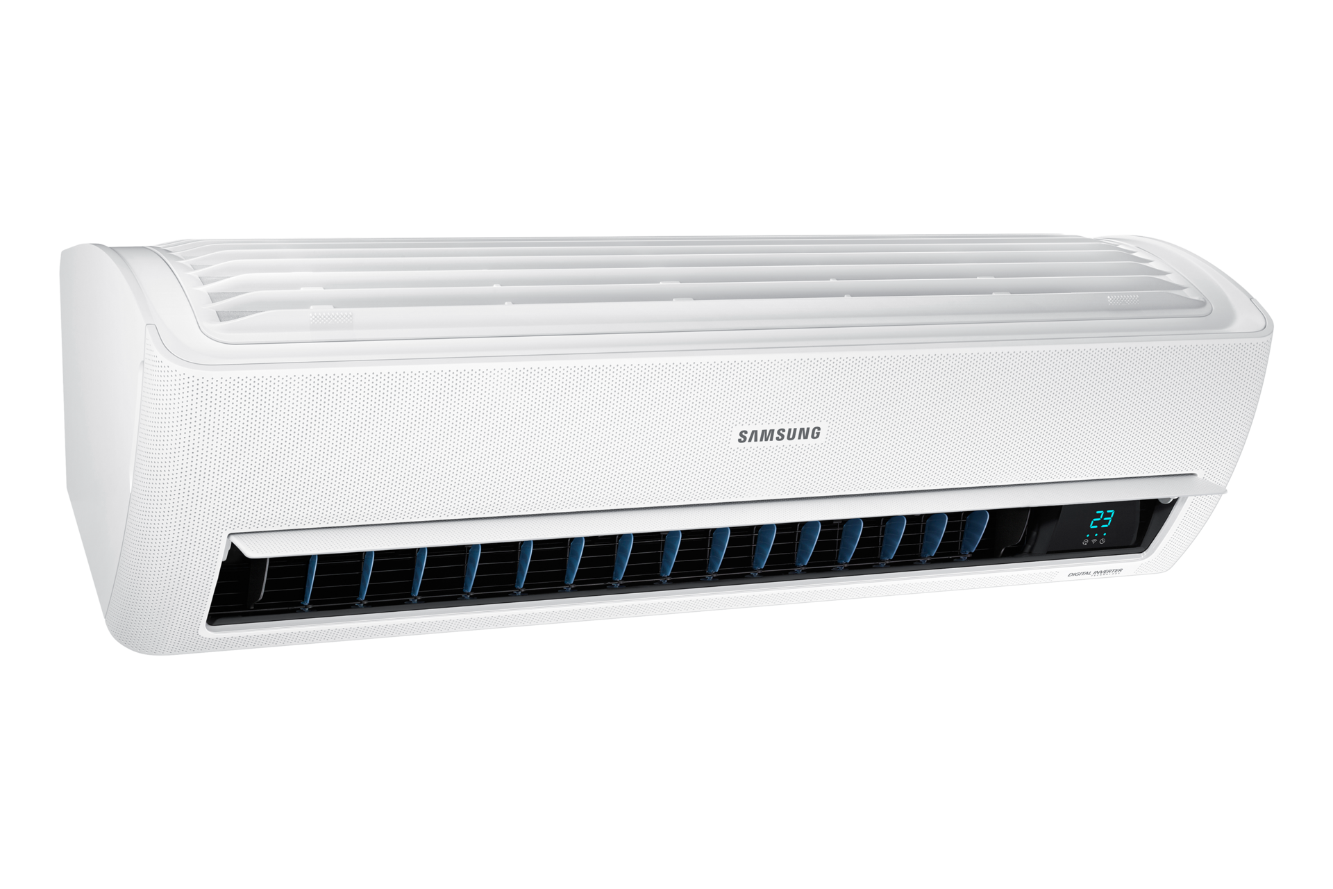 화이트 벽걸이 에어컨 45도 켜진 좌측 컷