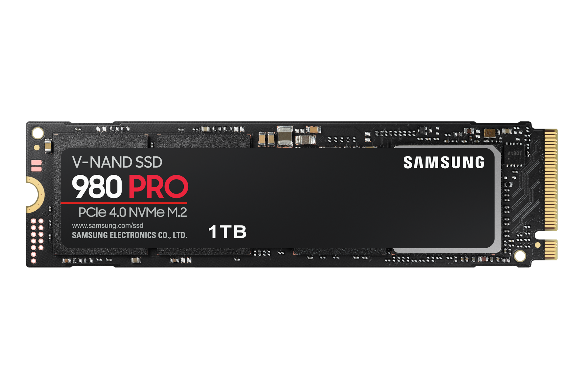 Front view of the Samsung 980 PRO PCle 4.0 NVMe M.2 SSD memory card for high performance PCs and gaming laptops.