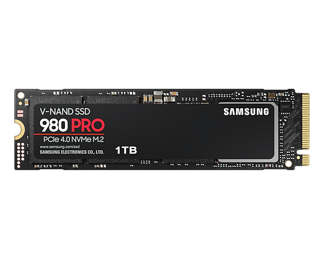 Front view of the Samsung 980 PRO PCle 4.0 NVMe M.2 SSD memory card for high performance PCs and gaming laptops.