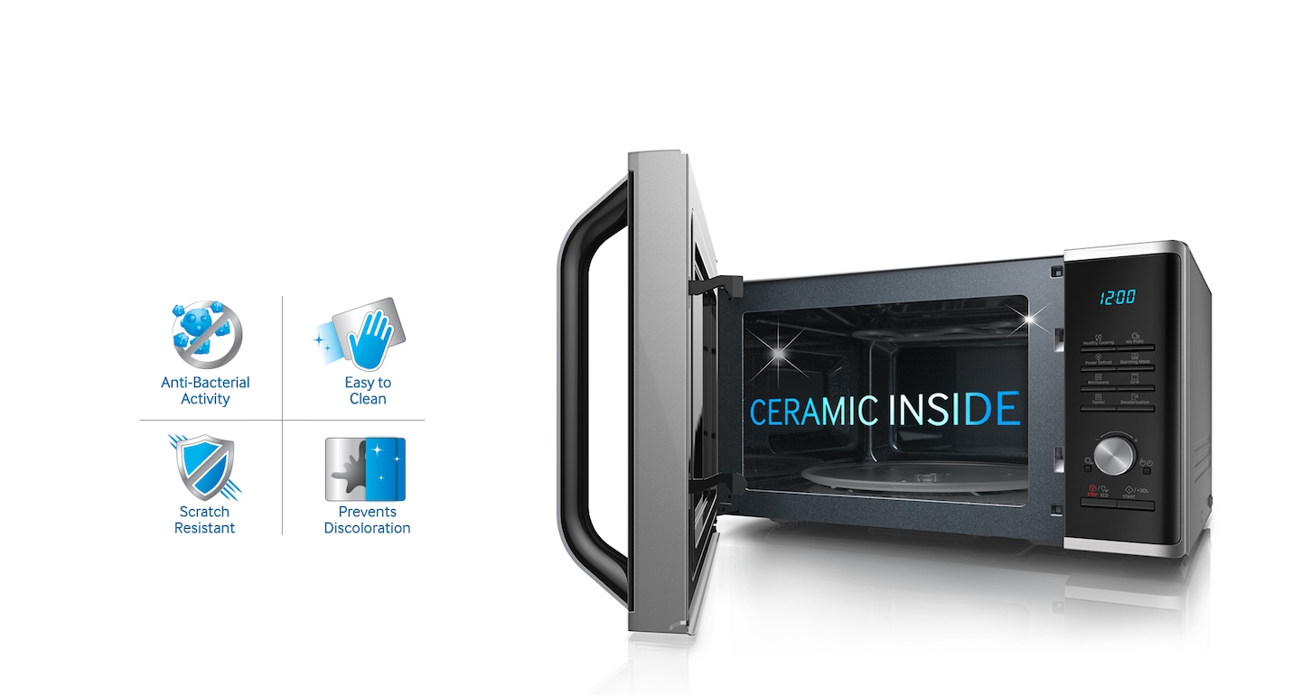 Forno a microonde Samsung Ceramic Enamel Grill - un'immagine dell'interno in smalto ceramico INSERTO IN CERAMICA che offre una superficie resistente