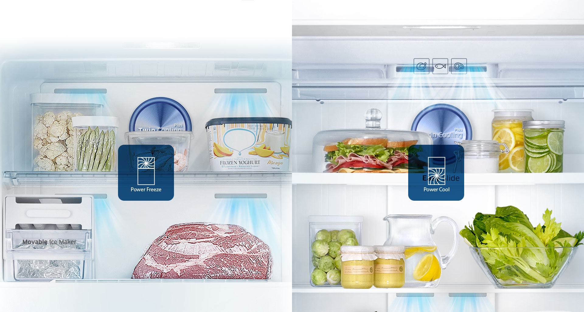 Samsung Twin Cooling Plus Top Freezer Fridge – an image showing Power Cool feature that creates ice and chills beverages rapidly