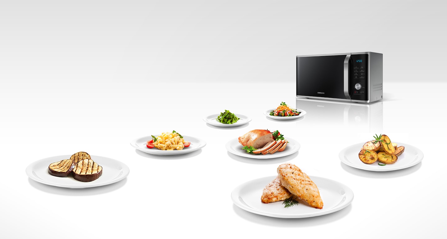 Samsung Ceramic Enamel Grill Microwave - un'immagine che mostra una varietà di cibi preparati usando 17 ricette di cottura a vapore per una cucina sana