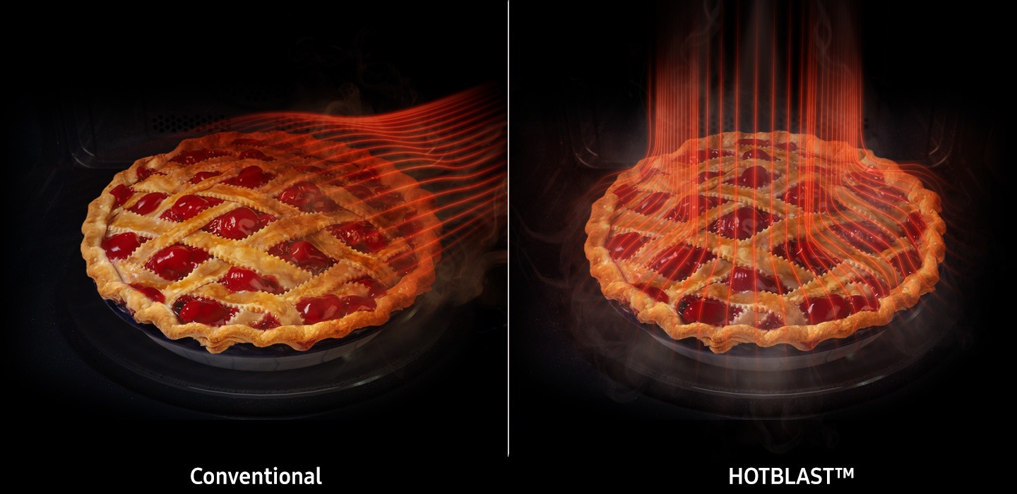 Samsung HOTBLAST  Convection Microwave â an image showing faster cooking technology HOTBLAST, food cooked evenly with hot air blown onto food