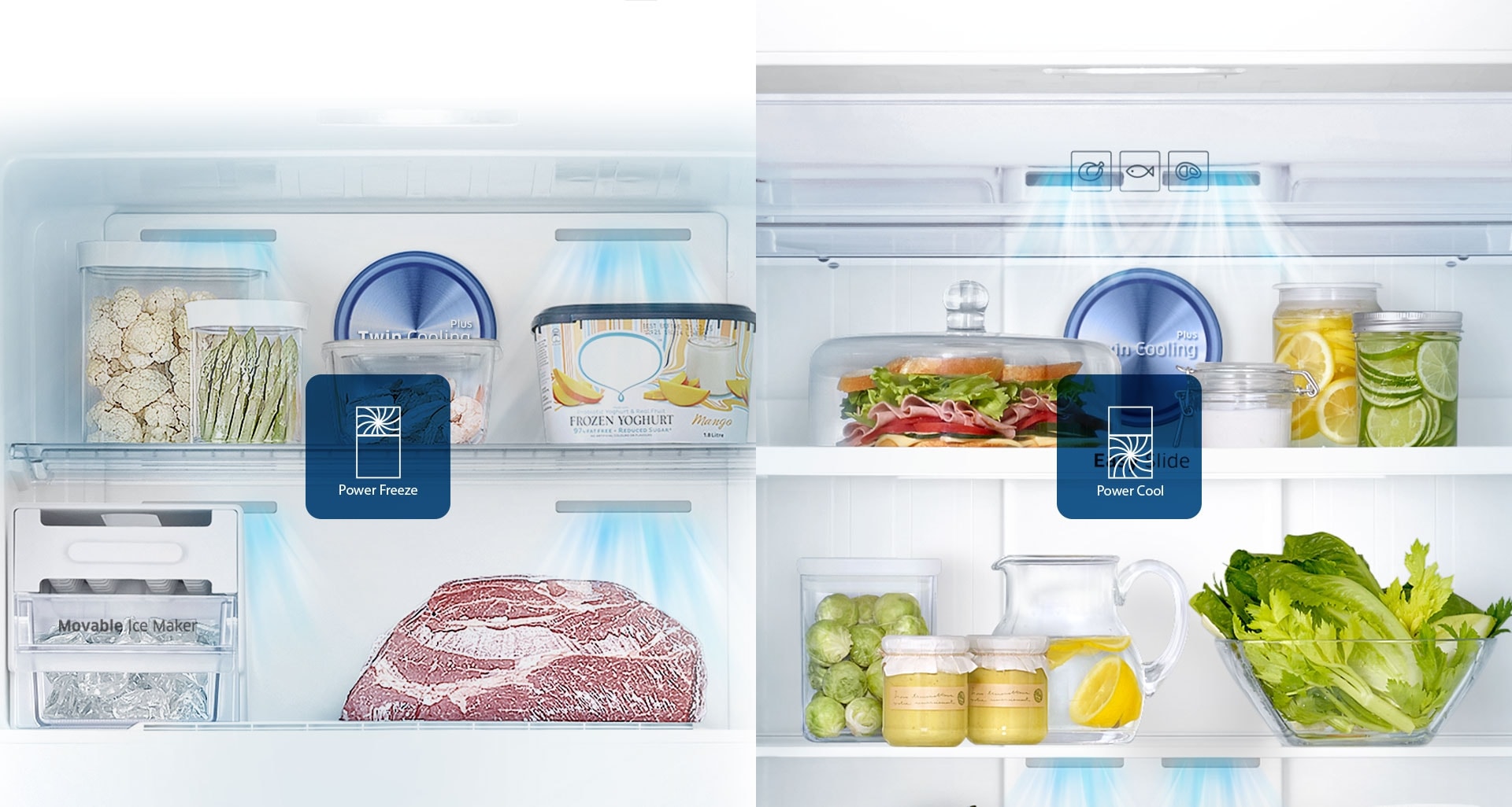 Samsung Twin Cooling Plus Top Freezer Fridge – an image showing Power Cool feature that creates ice and chills beverages rapidly