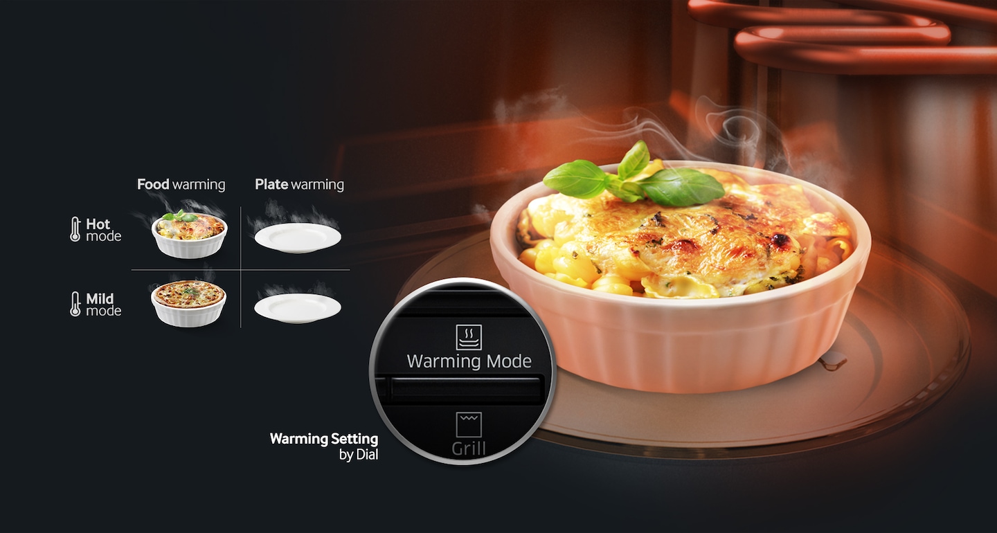 Forno a microonde Samsung Ceramic Enamel Grill: un'immagine della funzione di riscaldamento degli alimenti con modalità calda e delicata