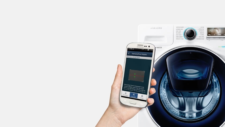An image showing a user diagnosing washing machine issues on their smartphone next to a WW8500 machine.