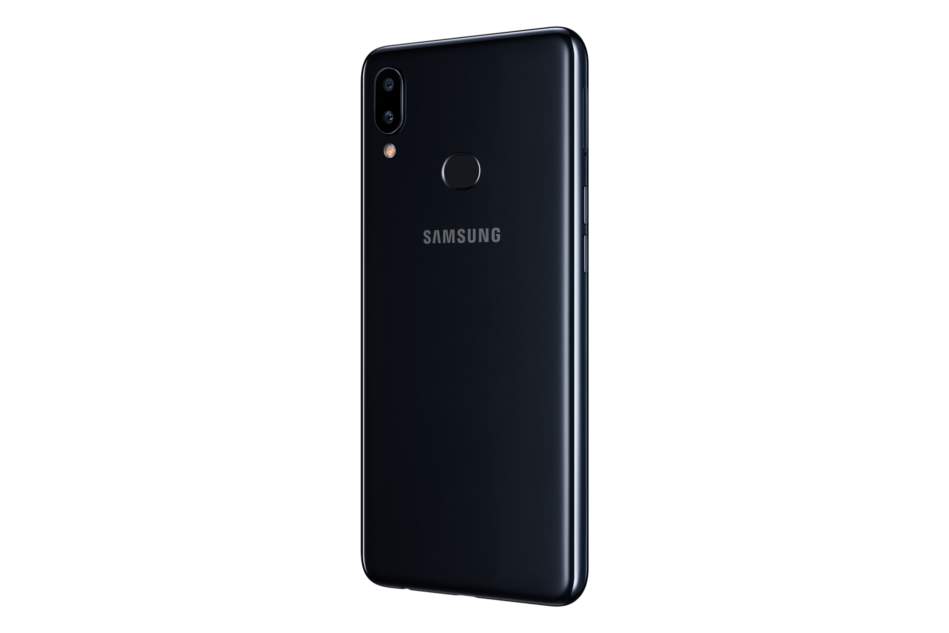 Samsung Galaxy A10s l30 back view, Samsung A10s design, the 7.8mm body feels like it's made for your hand, and the black glossy plastic finish stands out all on its own. 
