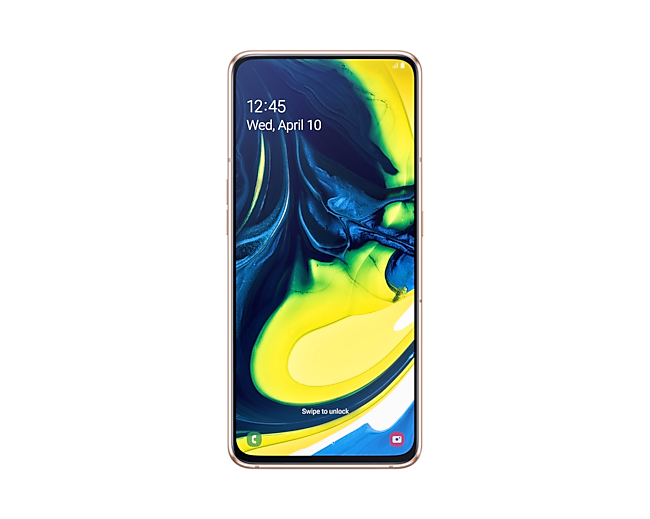 Samsung Galaxy A80 Specifications shows a graphic wallpaper on a 6.7-inch Infinity Display with a 48MP front camera. Buy Samsung Galaxy A80 here
