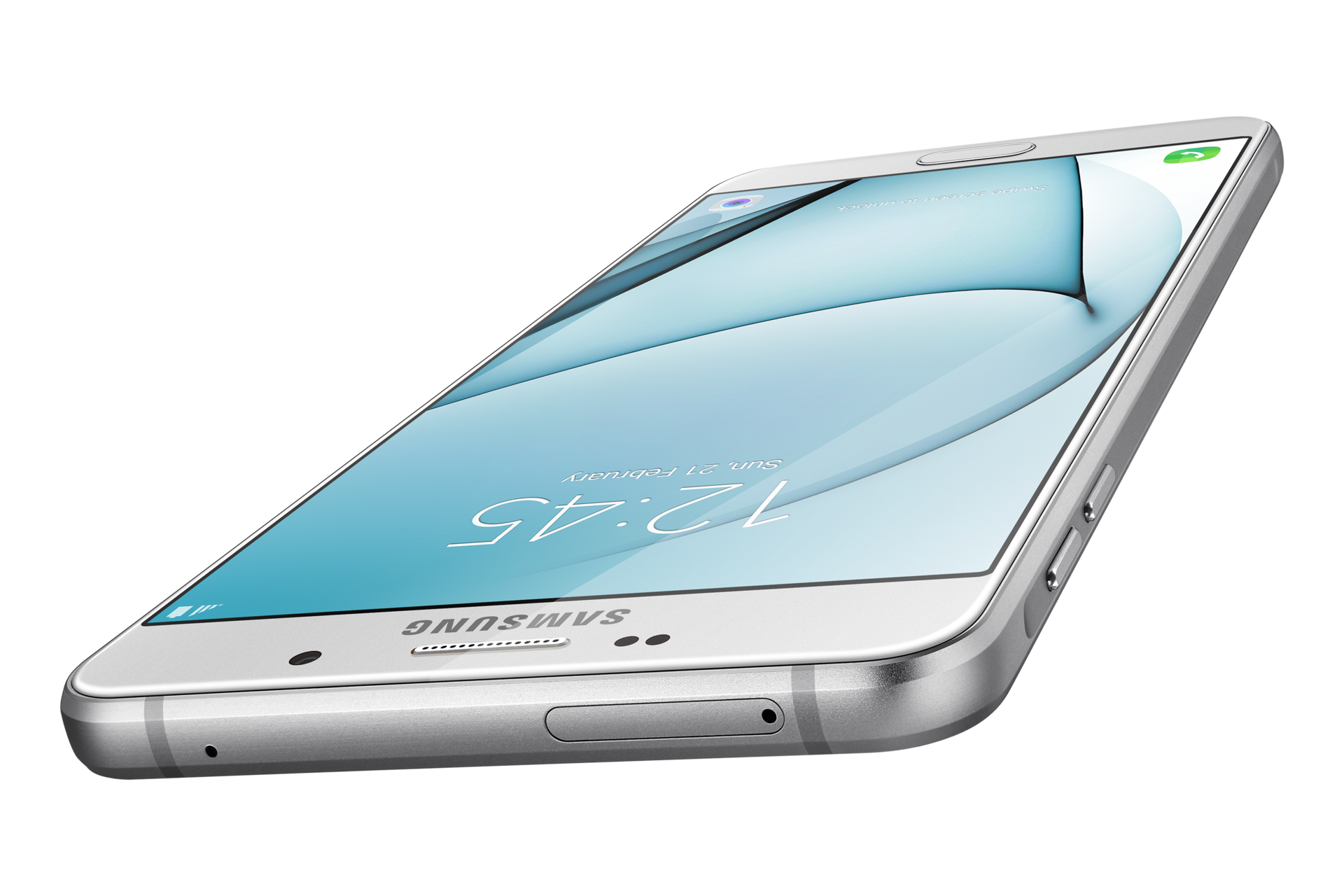 Samsung a9 white colour, dynamic view from top to bottom in diagonal horizontal position.