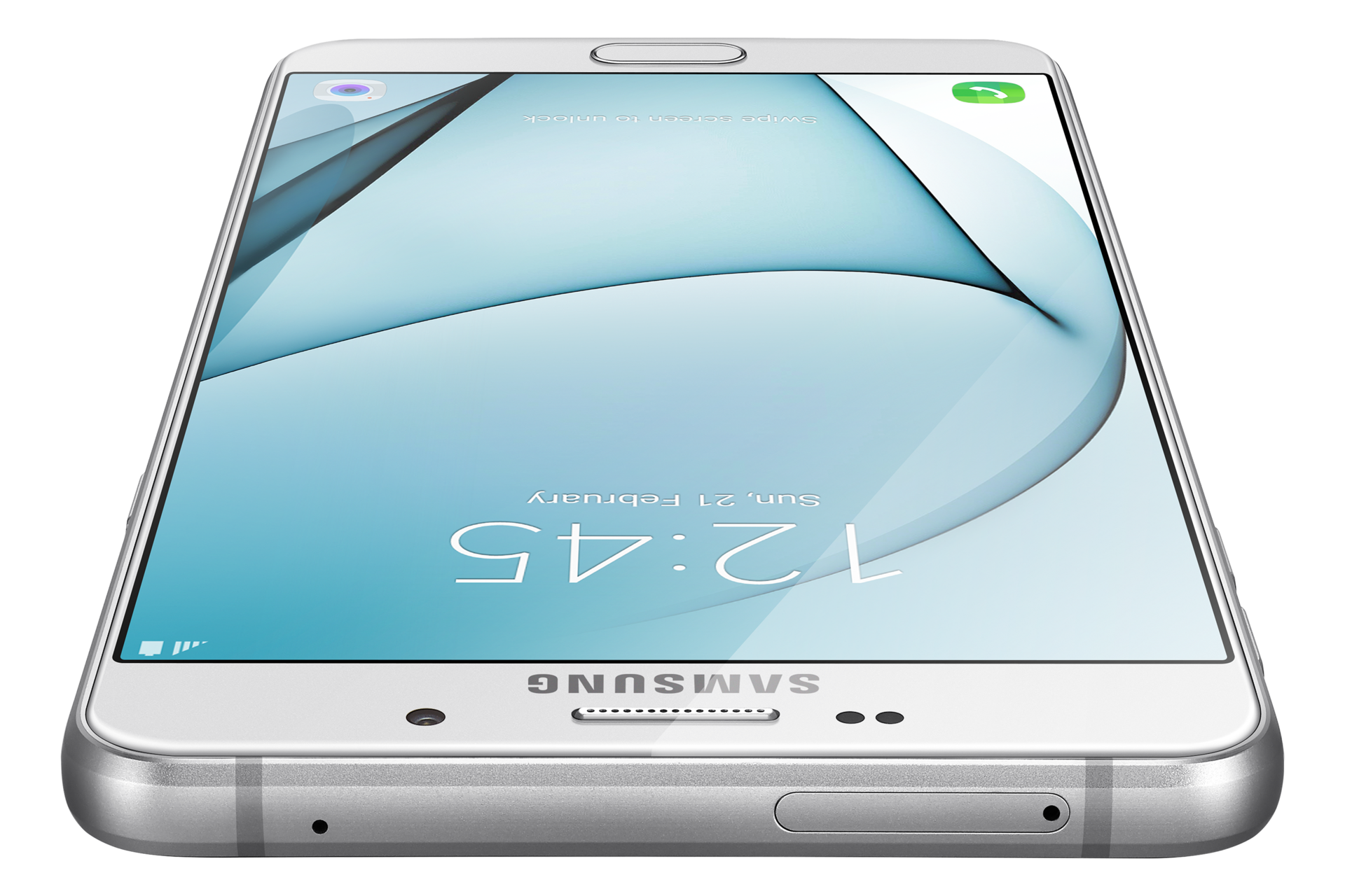 Samsung a9 white colour, dynamic view from top to bottom horizontal position.