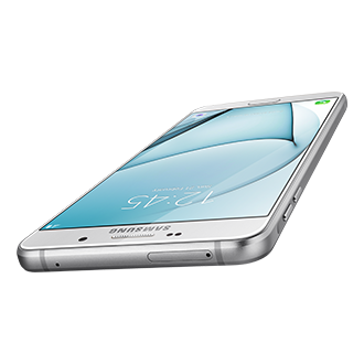 Samsung a9 white colour, dynamic view from top to bottom in diagonal horizontal position.