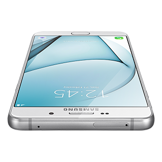 Samsung a9 white colour, dynamic view from top to bottom horizontal position.