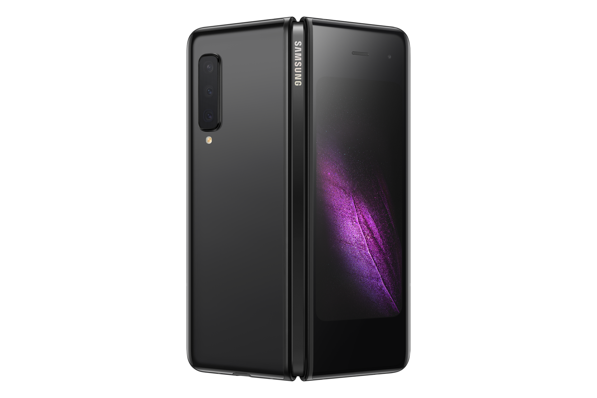 The back of Samsung Fold in Cosmos Black (SM-F900FZKDXSP) shows a half-screen in the 7.3-inch Infinity Flex Display that pioneers flexibility and three 12MP & 16MP rear cameras for epic photos