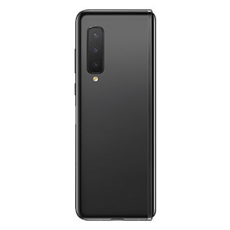 The back of Samsung Fold in Cosmos Black (SM-F900FZKDXSP) with 3 cameras that capture in all ways with versatile Hexa cameras. Colours available in Cosmos Black and Space Silver