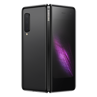 The back of Samsung Fold in Cosmos Black (SM-F900FZKDXSP) shows a half-screen in the 7.3-inch Infinity Flex Display that pioneers flexibility and three 12MP & 16MP rear cameras for epic photos