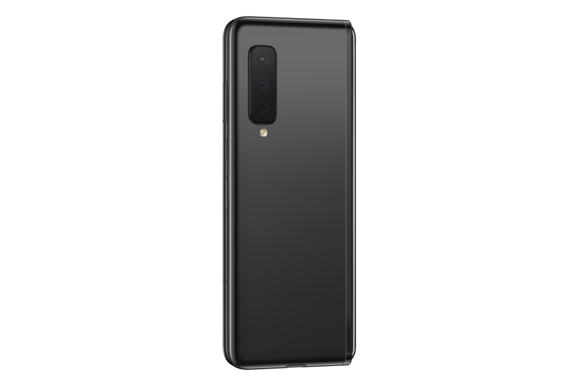 The back of Samsung Fold in Cosmos Black (SM-F900FZKDXSP) with three cameras in 16MP Ultra Wide Camera, 12MP Wide-angle, and 12MP Telephone Camera that help to easily broaden or narrow focus  