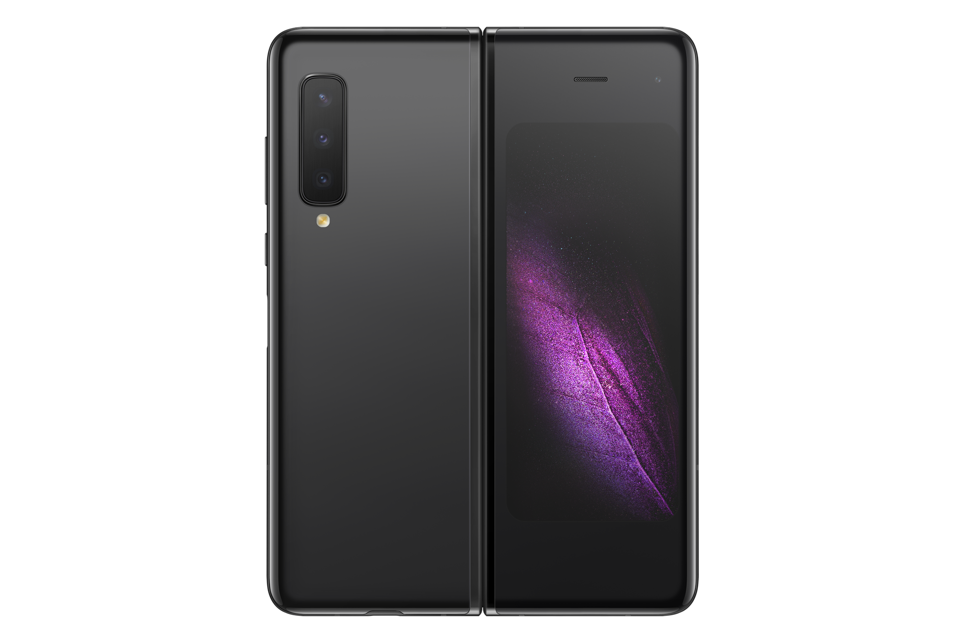 The Samsung Fold in Cosmos Black (SM-F900FZKDXSP) opened out, showing the 4.6-inch cover display and a half-rear view. Check the Galaxy Fold prices here