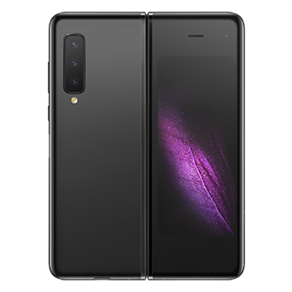The Samsung Fold in Cosmos Black (SM-F900FZKDXSP) opened out, showing the 4.6-inch cover display and a half-rear view. Check the Galaxy Fold prices here