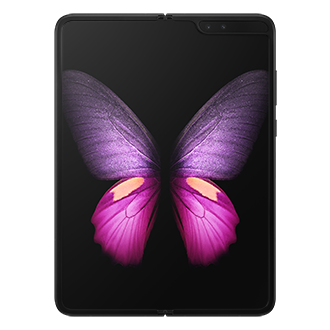 The Samsung Fold in Cosmos Black (SM-F900FZKDXSP) opened out, showing the tablet-sized 7.3-inch main display with the Dynamic AMOLED Display