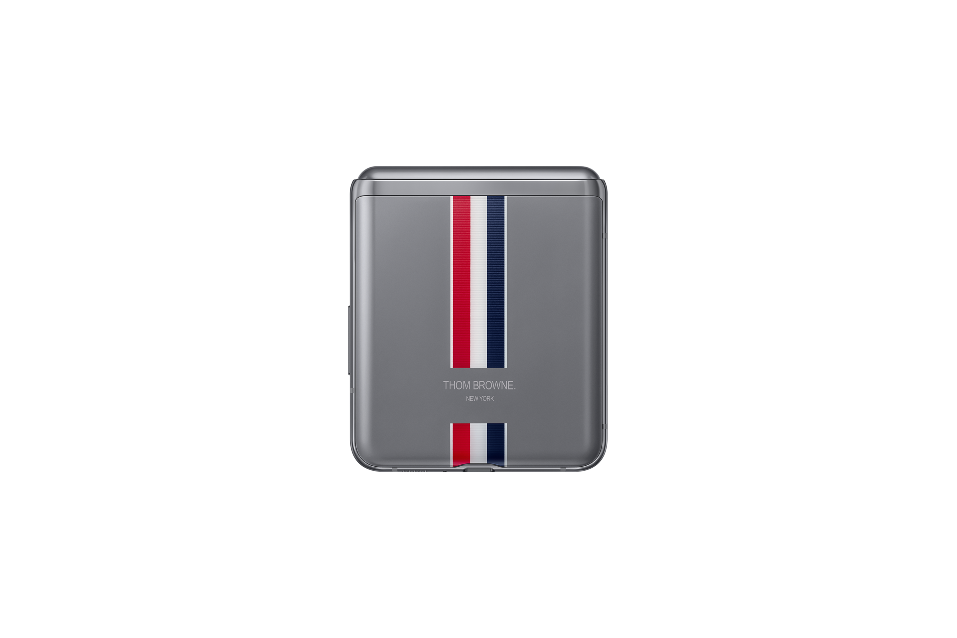 The closed-back of Galaxy Z Flip Samsung Thom Browne Singapore in Grey (SM-F700FZAZXSP) shows colours reminiscent of the brand's signature suiting