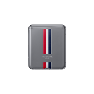 The closed-back of Galaxy Z Flip Samsung Thom Browne Singapore in Grey (SM-F700FZAZXSP) shows colours reminiscent of the brand's signature suiting