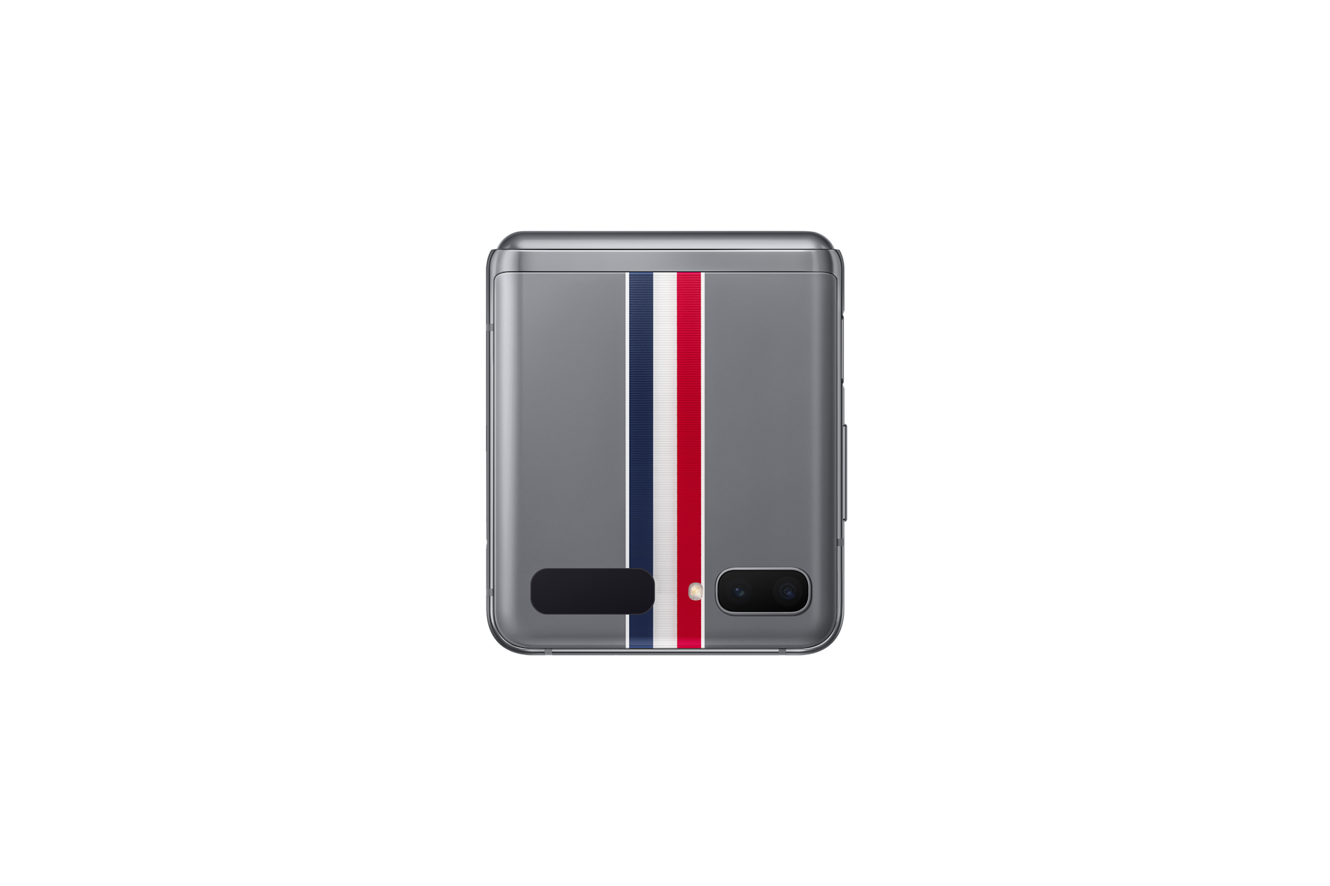 The closed-front of Galaxy Z Flip Samsung Thom Browne in Grey (SM-F700FZAZXSP) merges with the technological vision of Samsung and its iconic smartphones