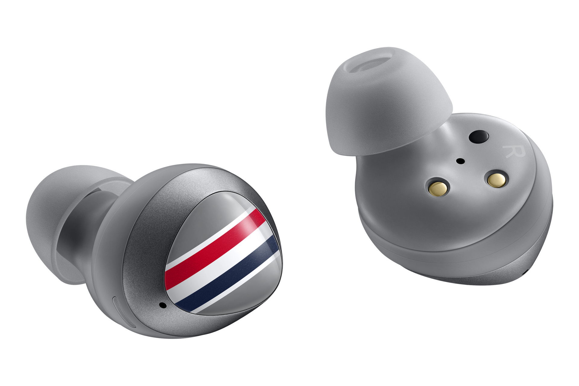 The Galaxy Buds+ accented with Samsung Thom Browne Singapore (SM-F700FZAZXSP) in Dynamic Grey that matches the Galaxy Z Flip