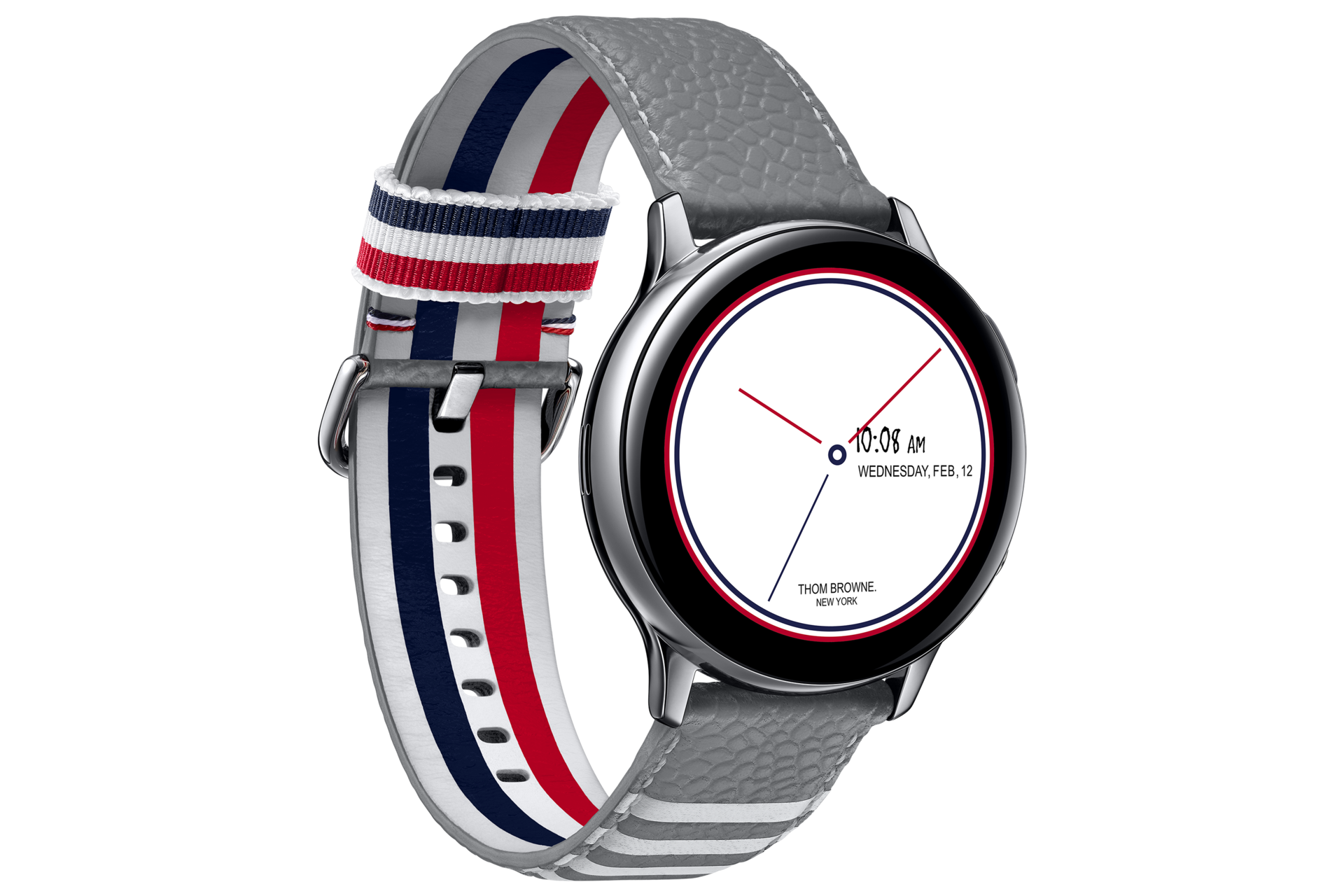 The Samsung Galaxy Watch Active2 Thom Browne Singapore (SM-F700FZAZXSP) with a grey leather strap and a black rubber strap