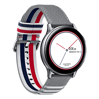The Samsung Galaxy Watch Active2 Thom Browne Singapore (SM-F700FZAZXSP) with a grey leather strap and a black rubber strap