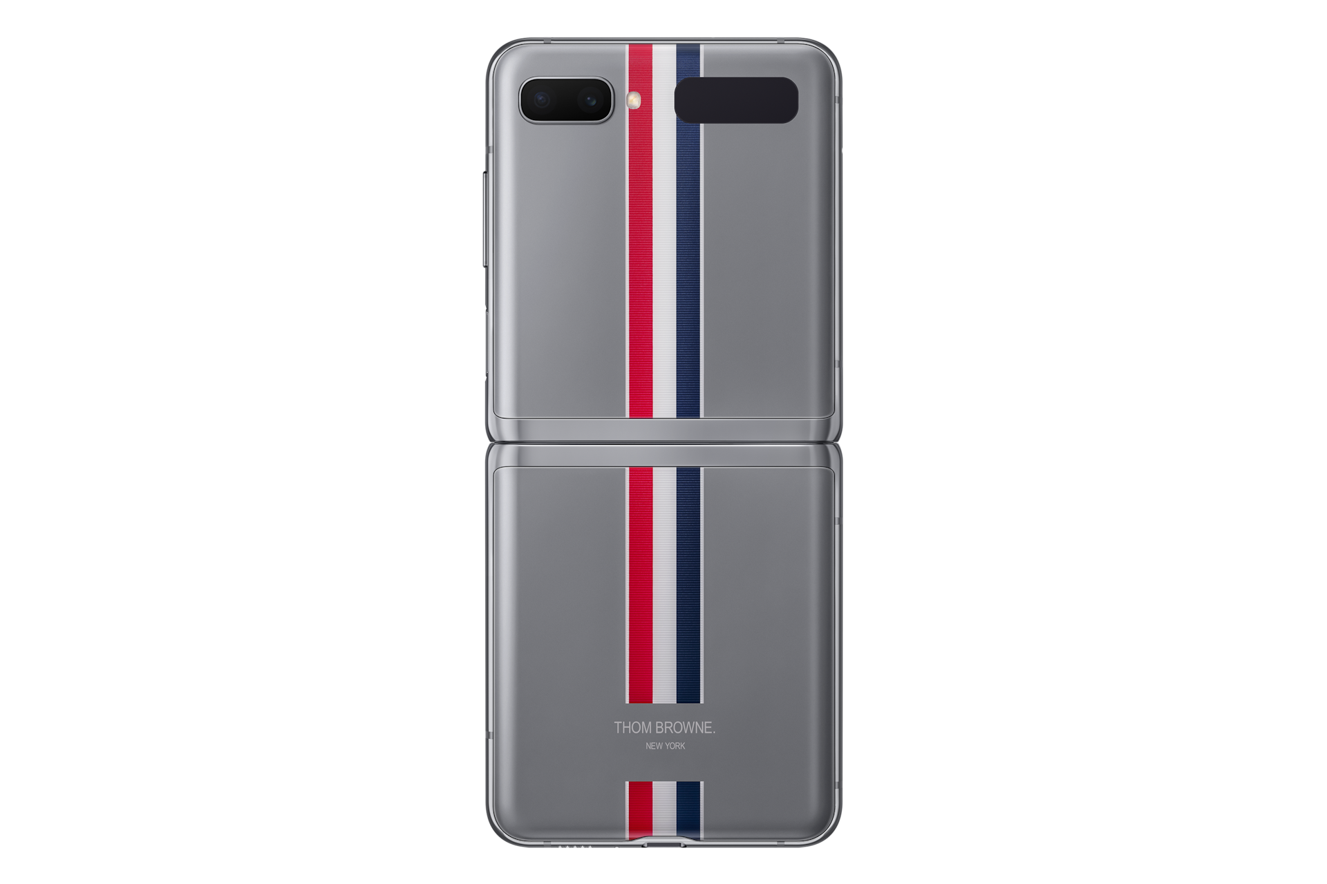 The open-back of Samsung Galaxy Z Flip Thom Browne Singapore in Grey (SM-F700FZAZXSP) embodies fashion by featuring the signature brand colours