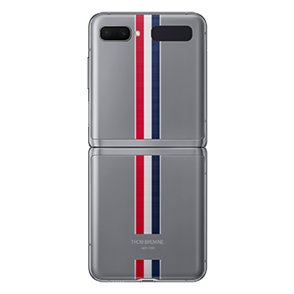 The open-back of Samsung Galaxy Z Flip Thom Browne Singapore in Grey (SM-F700FZAZXSP) embodies fashion by featuring the signature brand colours