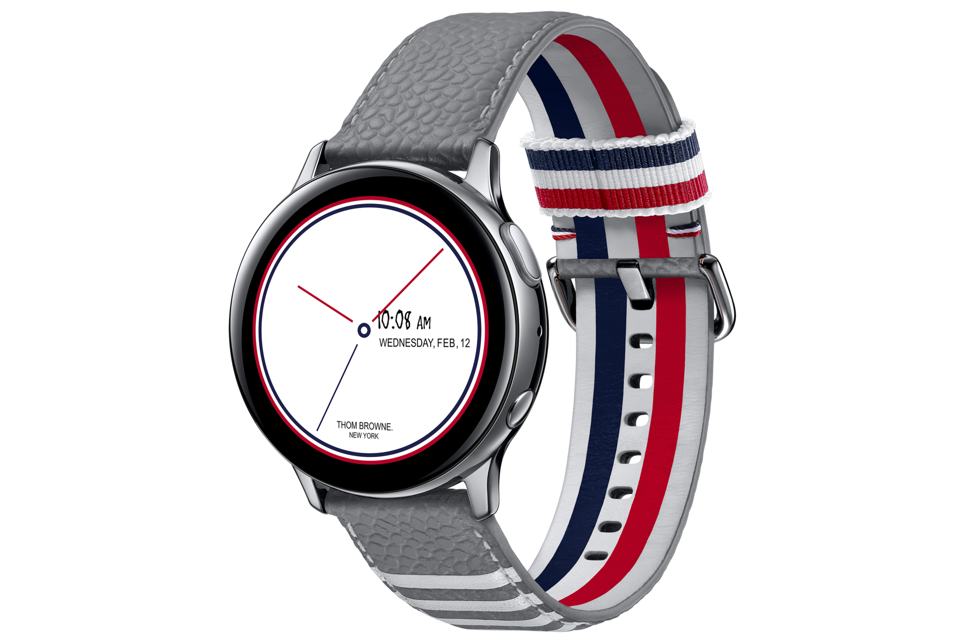 The Samsung Galaxy Watch Active2 Thom Browne Singapore in Grey (SM-F700FZAZXSP), displaying date, time, and a brand's name