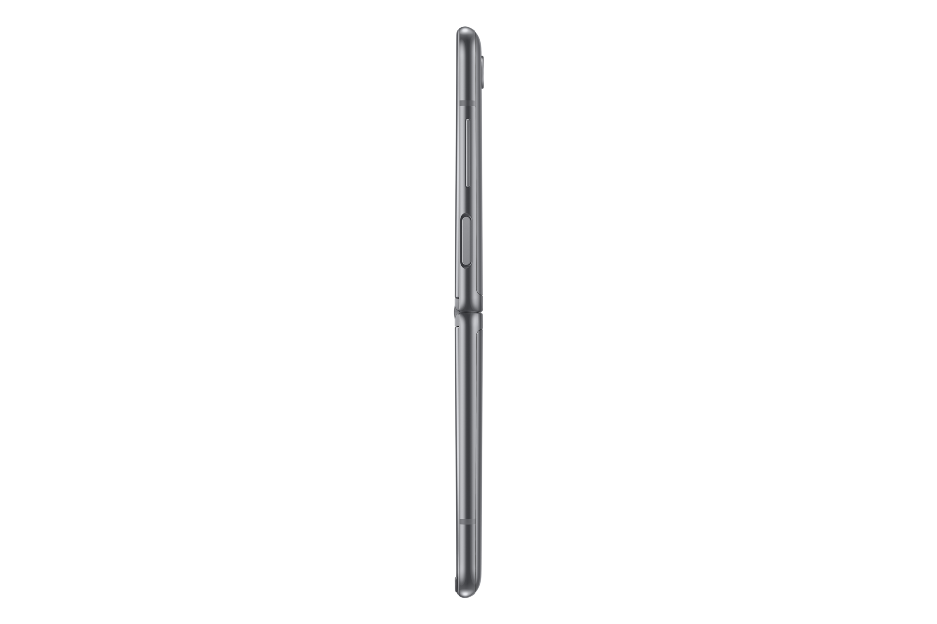 The side of Samsung Galaxy Z Flip Thom Browne Singapore in Grey (SM-F700FZAZXSP), coming with the Exclusive Thom Browne app pre-loaded feature