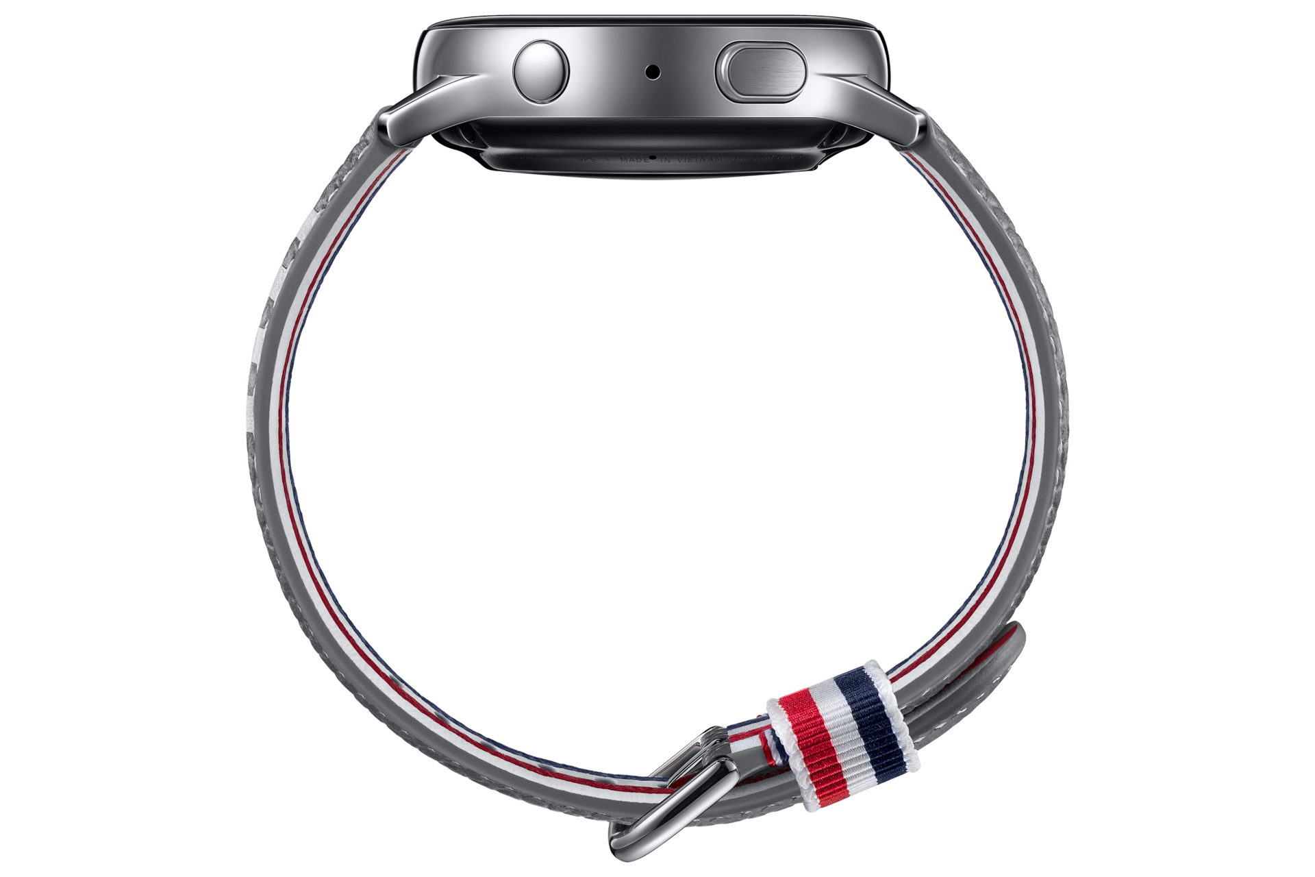 The side of the Samsung Galaxy Watch Active2 Thom Browne Singapore in Grey (SM-F700FZAZXSP) shows the Back key and the Home key