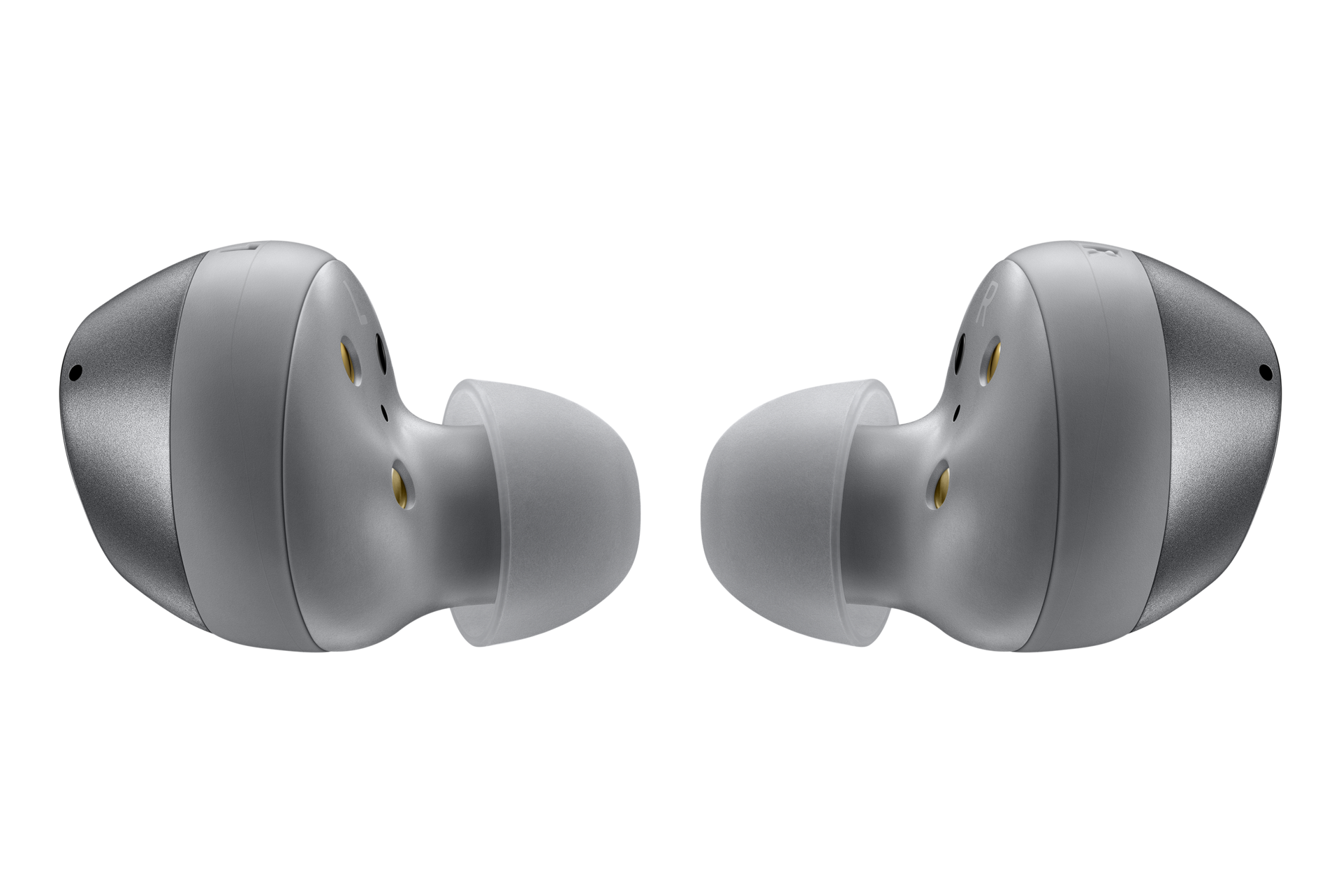 The side of Samsung Galaxy Buds+ Thom Browne  (SM-F700FZAZXSP) in Grey, wireless earbuds with 2-way speaker delivering sound by AKG
