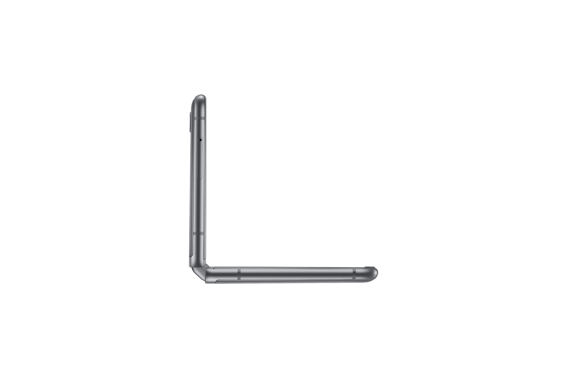 A side-table-top view of Samsung Galaxy Z Flip Thom Browne Singapore in Grey (SM-F700FZAZXSP) that fits in a small pocket when folded