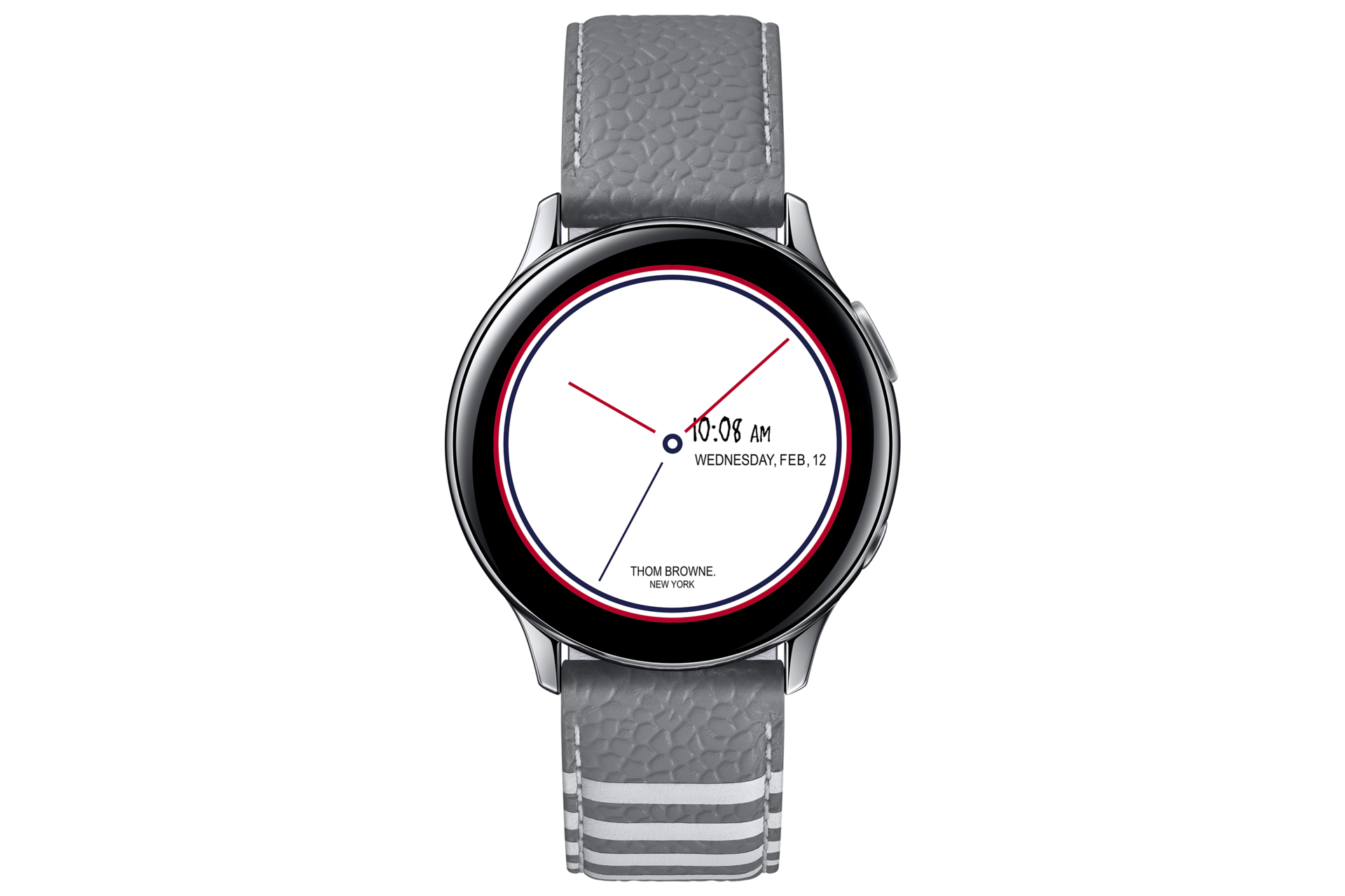 The front of Samsung Galaxy Watch Active2 Thom Browne Singapore in Grey (SM-F700FZAZXSP) shows the date and time on a display