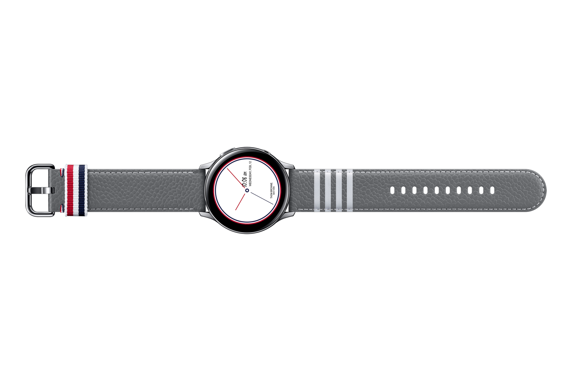 The front of Samsung Galaxy Watch Active2 Thom Browne Singapore in Grey (SM-F700FZAZXSP), giving a new look with exclusive watch faces and a grey leather strap