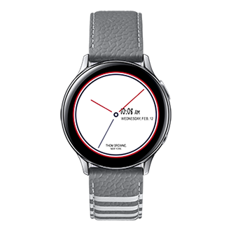 The front of Samsung Galaxy Watch Active2 Thom Browne Singapore in Grey (SM-F700FZAZXSP) shows the date and time on a display
