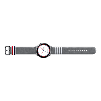 The front of Samsung Galaxy Watch Active2 Thom Browne Singapore in Grey (SM-F700FZAZXSP), giving a new look with exclusive watch faces and a grey leather strap