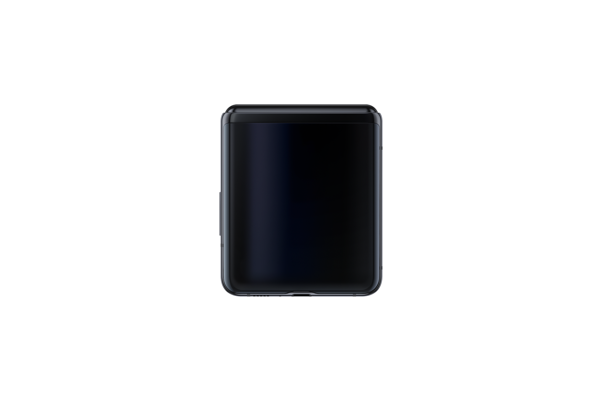 The closed-back of Galaxy Z Flip(SM-F700FZKDXSP) in Mirror Black, measuring 87.4 height x 73.6 width x 15.4-17.3 depth dimension folded to fit in small pockets