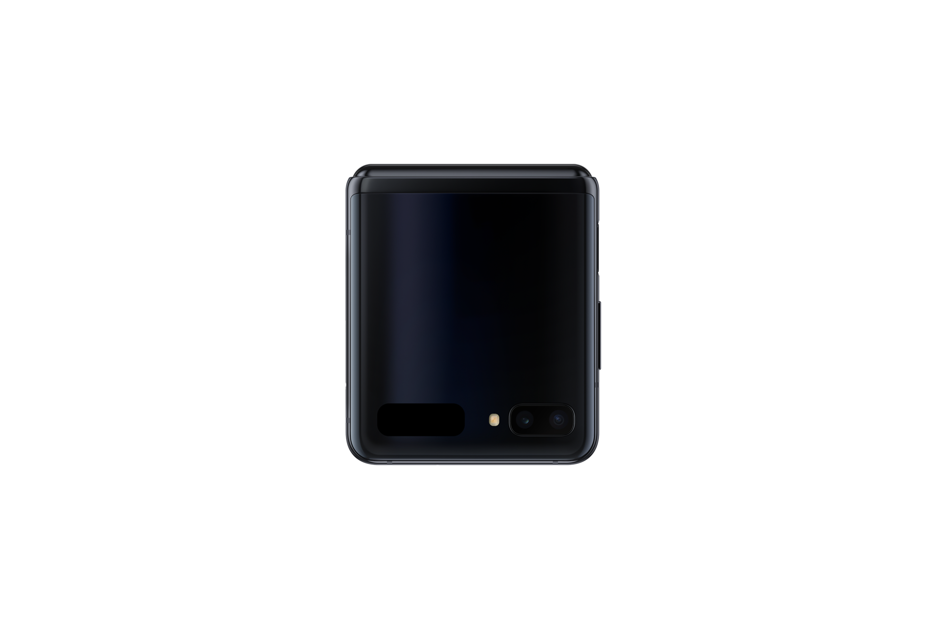 The closed-front of Samsung Galaxy Z Flip (SM-F700FZKDXSP) in Mirror Black with 12MP rear dual cameras that can record in Night Hyperlapse mode