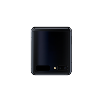 The closed-front of Samsung Galaxy Z Flip (SM-F700FZKDXSP) in Mirror Black with 12MP rear dual cameras that can record in Night Hyperlapse mode