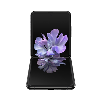 The front-table-top of Samsung Z Flip in Mirror Black (SM-F700FZKDXSP) shows a graphic image onscreen. Discover all colours available on a Samsung store