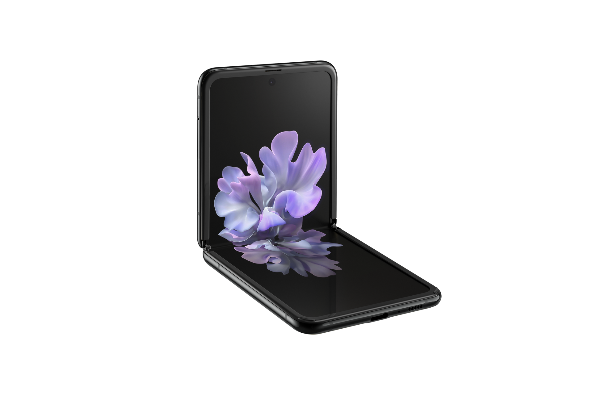 A table-top view of Samsung Galaxy Z Flip (SM-F700FZKDXSP) in Mirror Black, coming with 8GB RAM that can have a multitask with little lag