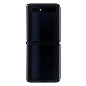 The open-back of Samsung Galaxy Z Flip (SM-F700FZKDXSP) in Mirror Black with dual camera and a small screen. Visit a Samsung store to see price
